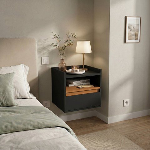 Mesa de Cabeceira Minerva Suspensa Estilo Retrô para Quarto com Porta - Preto/Naturale