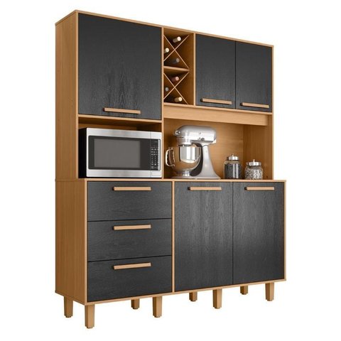 Armário para Cozinha Kit Max 160 Cm 5 Portas 3 Gavetas Cinamomo Preto Catedral Fosco - Zanzini