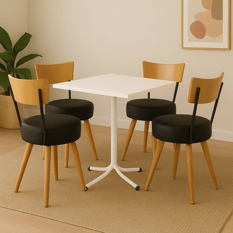 Conjunto Mesa de Jantar Quadrada Branca com 4 Cadeiras Estofada Preta Encosto Madeira Urban