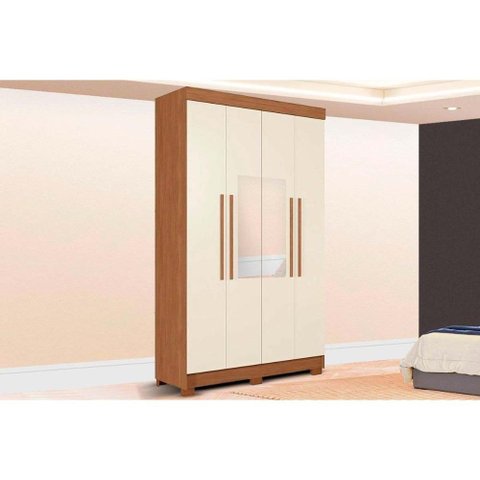 Guarda Roupa Solteiro 4 Portas (2 C/ Espelho) e 2 Gavetas C/ Pés Sarandi Jatoba/areia - Santos