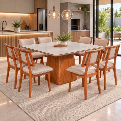 Conjunto Sala de Jantar Bérgamo Tampo com Detalhe Amadeirado e 8 Cadeiras Madeira Maciça Bréscia