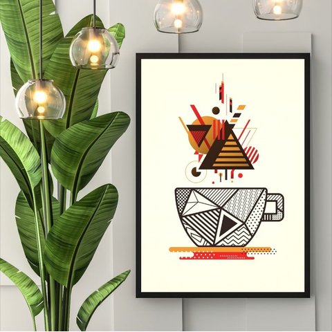Quadro Xícara de Café Abstrata Bauhaus 45x34cm - com Vidro:moldura Branca
