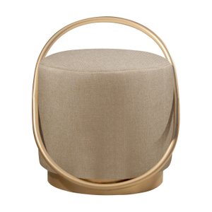Puff Redondo Lunar em Linho e Base Metal Dourado Agarb Decor:linho Bege