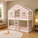 Ver imagem 2 de Beliche Infantil Montessori Casinha Dos Sonhos Madeira Maciça Rosa/Branco Megamobilia