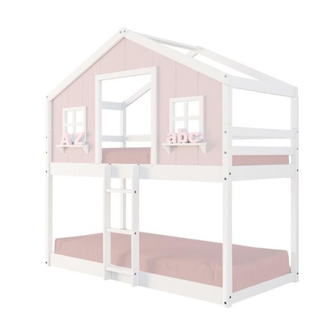 Beliche Infantil Montessori Casinha Dos Sonhos Madeira Maciça Rosa/Branco Megamobilia