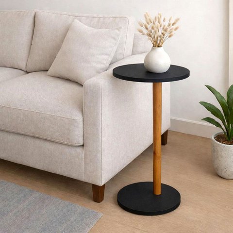 Mesa de Apoio Monopé Lateral Redonda para Sofá ou Cama Preta