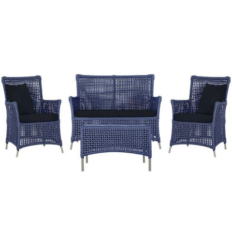 Jogo Sofá 2 Poltronas e Mesa Igapó Fendi E12 Trama Original Azul