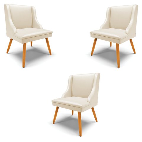 Kit 3 Cadeiras Decorativas Sala de Jantar Pés Palito de Madeira Firenze PU Bege/Natural G19 - Gran B