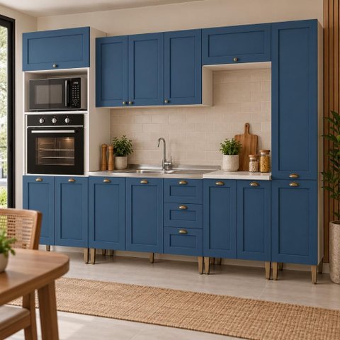 Cozinha Compacta Modulada 6 Peças 13 Portas 3 Gavetas 305cm Provençal Branco/Azul - Mademovel