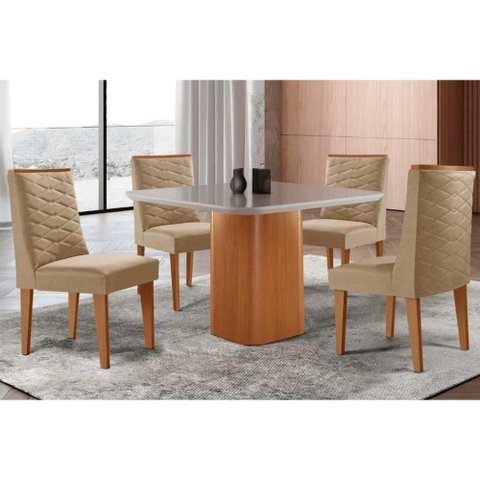 Sala de Jantar Completa Maldivas C/ Tampo Madeirado C/ Vidro Canto Curvo 90x90cm e 4 Cadeiras Dafne