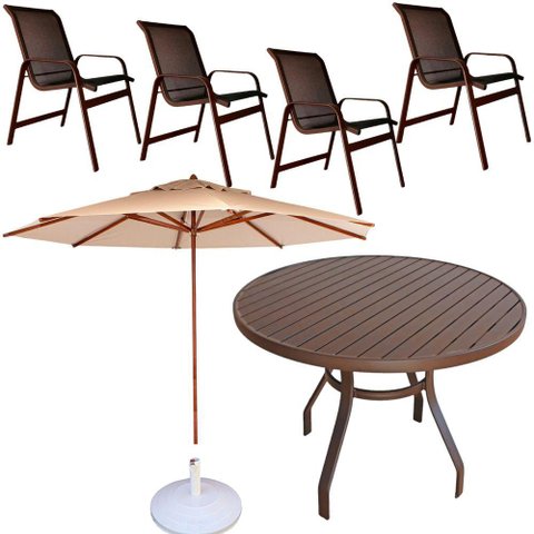 Conjunto Lótus com Mesa 80cm Ripada + 4 Poltronas + Ombrelone 2,40m com Base Marrom