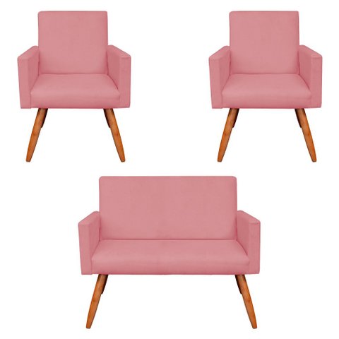 Kit 2 Poltronas e Namoradeira Nina Suede Rosê Pés Palito Castanho - Pallazio