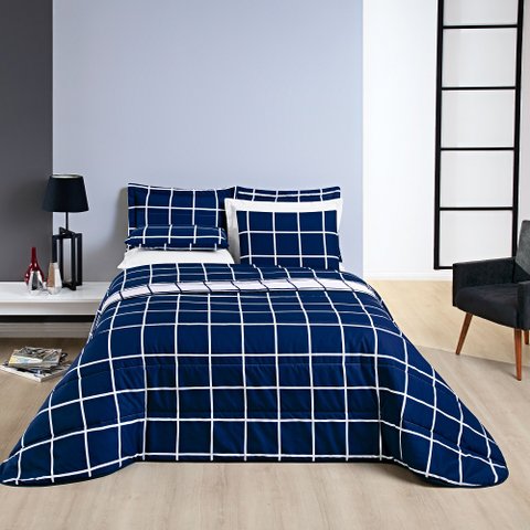 Cobre Leito Queen Square Micropercal 200 fios 3pç - Azul
