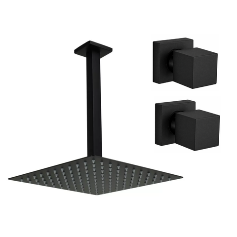 Kit Ducha 20x20 Slim de Teto C/ 2 Acabamentos P Registro Base Deca 16 Estrias de 1/2-3/4 Preto Fosco