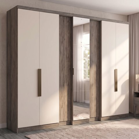 Guarda-Roupa Casal com Espelho 7 Portas 4 Gavetas Marrom Rustic/Off White Yescasa Ultra Selecto 250cm