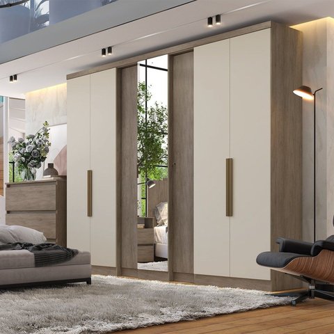 Guarda-Roupa Casal 6 Portas 4 Gavetas com Espelho 250x55x233cm Ultra Selecto Yescasa Off White Rustic/Off White