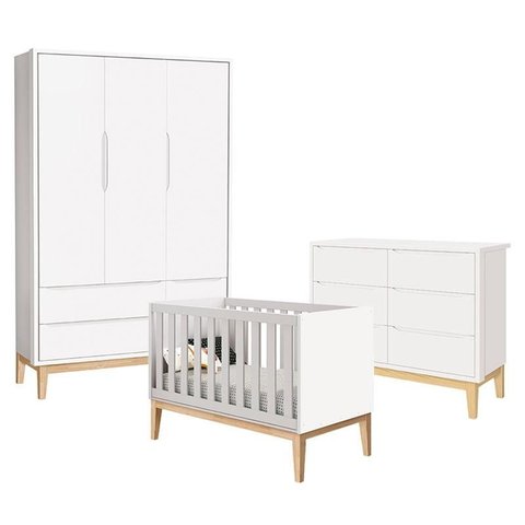 Quarto de Bebê Classic 3 Portas e Cômoda 6 Gavetas Branco com Pés Madeira Natural - Reller
