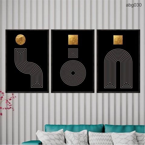 Kit 03 Quadros Decorativos - Formas Preto Dourado Ouro Abg030 Tela Canvas - 60x80cm Cada