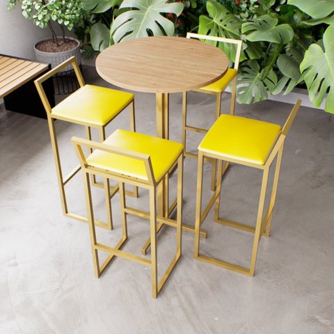Jogo Mesa Alta Bistrô Redonda Pinus 4 Banquetas Estofado Industrial Dourado Don Castro Decor Industr