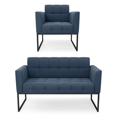 Kit 1 Sofá Namoradeira e 1 Poltrona Elisa Suede Base Metálica Industrial Preto - D'Rossi Azul Marinh
