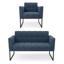 Ver imagem 1 de Kit 1 Sofá Namoradeira e 1 Poltrona Elisa Suede Base Metálica Industrial Preto - D'Rossi Azul Marinh