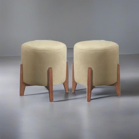 Kit 2 Puff Decorativo para Sala Redondo Luxo Roma Linho:bege