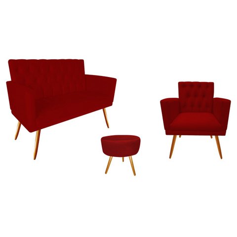 Kit Namoradeira + 1 Poltrona Decorativa Nina Capitonê + Puff Redondo Suede Vermelho Pés Madeira Ms D
