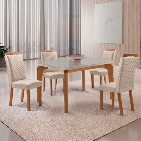 Mesa de Jantar Liz 120cm Tampo MDF Vidro Canto Copo com 4 Cadeiras Lorena