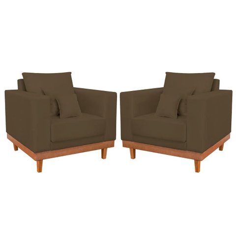 Kit 2 Poltronas Suede Resistentes Base Madeira + Almofadas Cor:marrom
