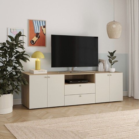 Rack para TV até Polegadas 210cm 75 Polegas Modular 3 Módulos 4 Portas 2 Gavetas Frame CabeCasa MadeiraOriginals Bege Acácia/Arenas