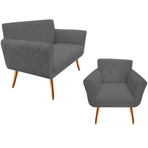 Kit Namoradeira + 1 Poltrona Decorativa Sabrina Suede Cinza Pés Madeira Mz Decor