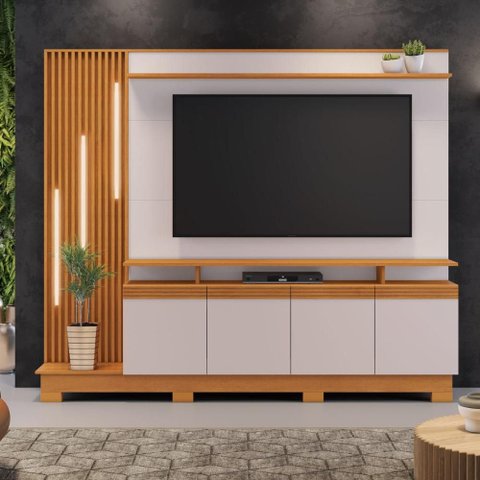 Rack com Painel para TV até 65 Polegadas com LED e 4 Portas Multimóveis Crjcm-RCP004 Cinamomo/Off