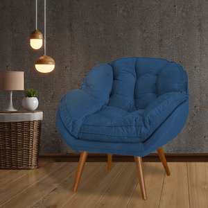 Poltrona Decorativa Ágata Prime Veludo Azul Marinho Base Fixa em Madeira Maciça