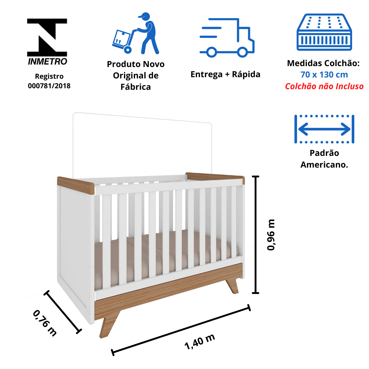 Quarto Bebê Completo Berço Mini Cama E Cômoda Retrô Peroba - Branco Brilho com Carvalho - 4