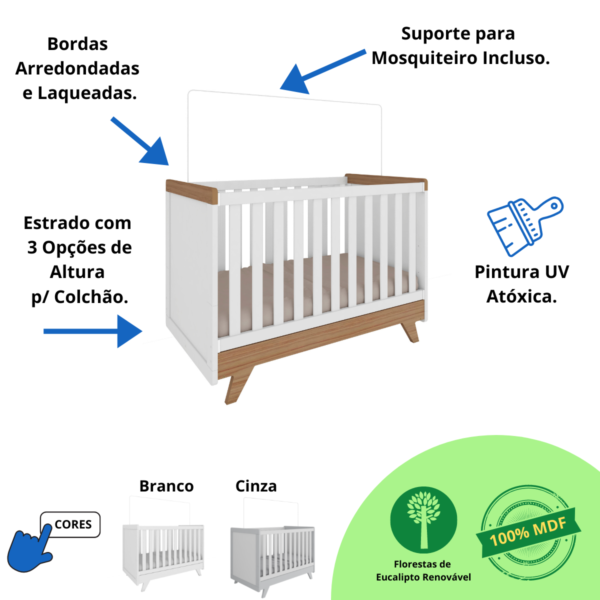 Quarto Bebê Completo Berço Mini Cama E Cômoda Retrô Peroba - Branco Brilho com Carvalho - 2