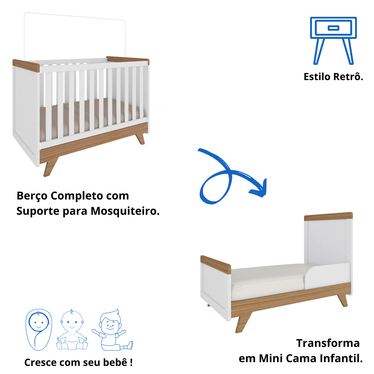Quarto Bebê Completo Berço Mini Cama E Cômoda Retrô Peroba - Branco Brilho com Carvalho - 3