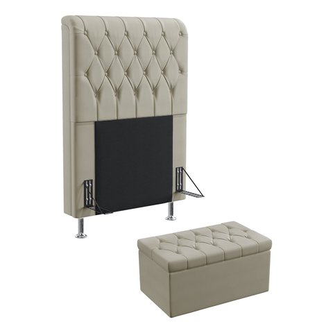 Kit Cabeceira Estofada Decorativa Cama Box Bellatrix 90 Solteiro Calçadeira Sagitarius Courino Artif