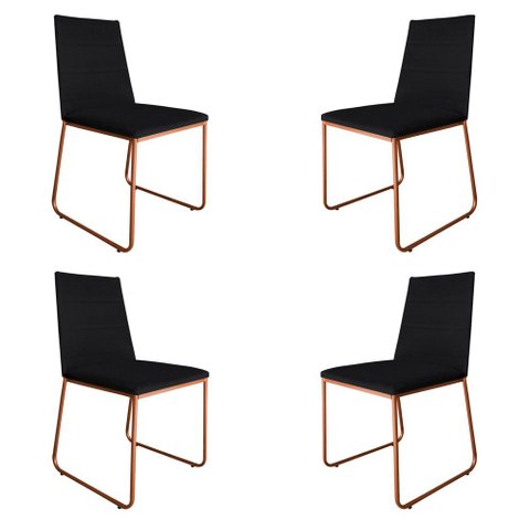 Kit 4 Cadeiras de Jantar Estofada Lille Base Bronze Veludo Preto - Montanaris Decor