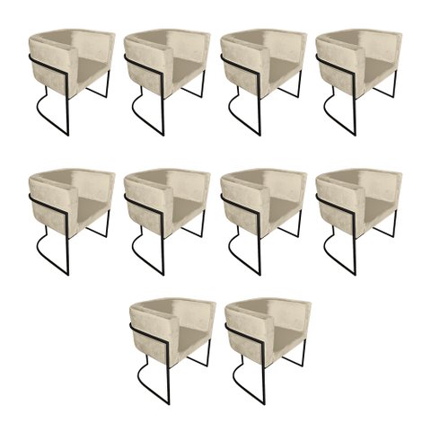 Kit 10 Poltronas Decorativa Sala de Estar Base de Ferro Preta Veludo Bege