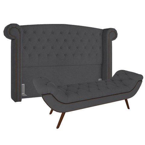 Kit Cabeceira Estofada Box King Valencia e Recamier Veneza 195 Cm Tca 958 - Veludo Chumbo