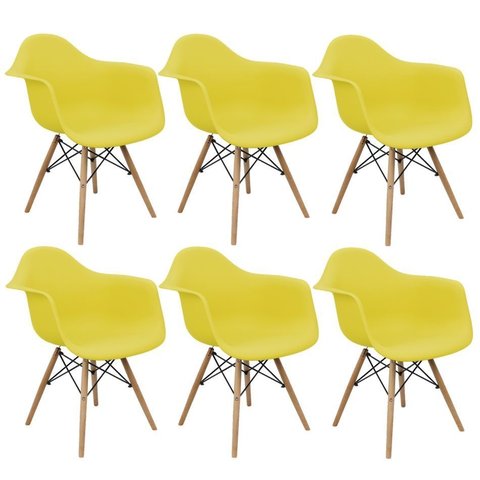 Kit 6 Cadeiras Charles Eames Eiffel Design Wood com Braço Amarela