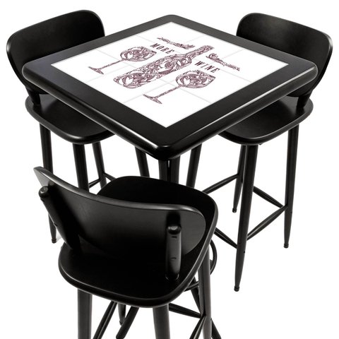 Conjunto Mesa Madeira Azulejo 60x60cm - Bistrô Fixa 98cm + 3 Banquetas 73 - Preta - More Wine