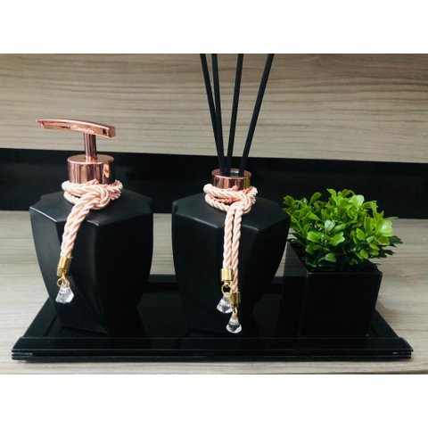 Kit Banheiro Preto Rose Gold Vaso Aroma Sabonete Bandeja