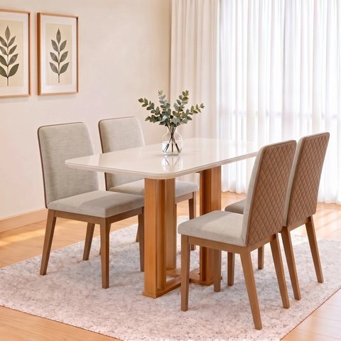 Conjunto Sala de Jantar Mesa Manu 120cm Tampo MDF e Vidro Canto Arredondado 4 Cadeiras Pietra