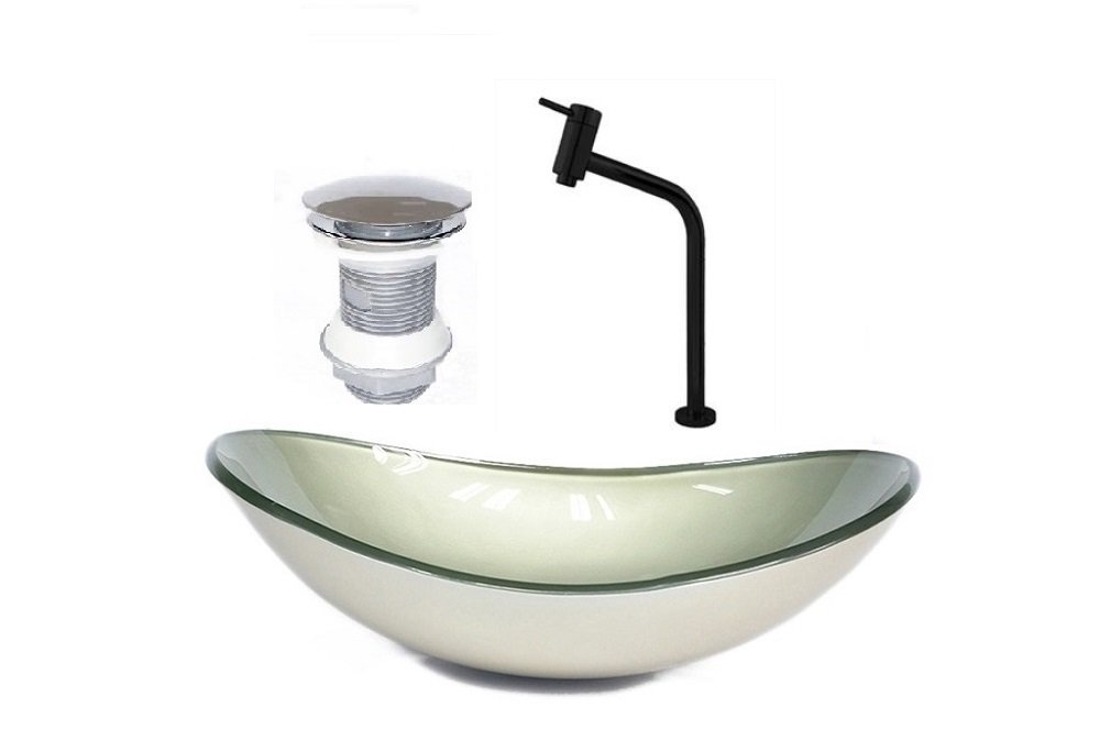 CUBA DE VIDRO OVAL 47CM CHAMPANHE + VALVULA + TORNEIRA PRETA - 1