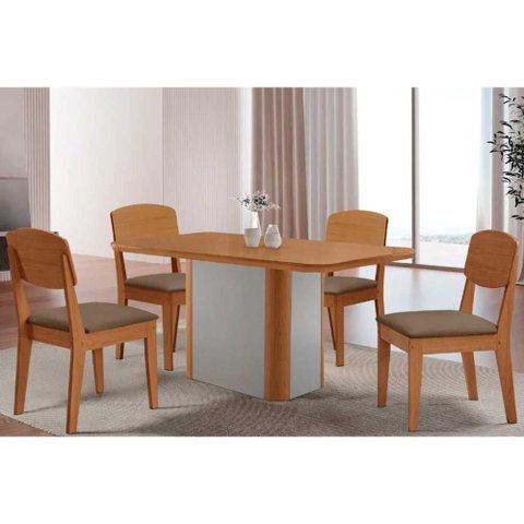 Conjunto: Mesa Sala Jantar Pietá C/ Tampo Madeirado Canto Curvo 120x80cm e 4 Cadeiras Havana
