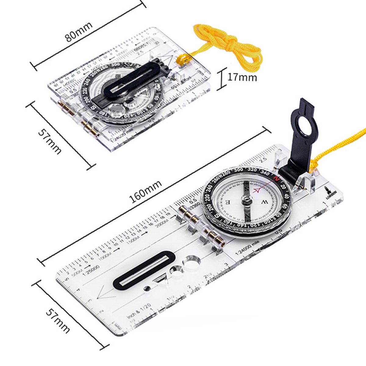 Bússola Direcional Dobrável Lorben para Mapa com Escala Régua Lupa Cordão Camping Sobrevivência - 2