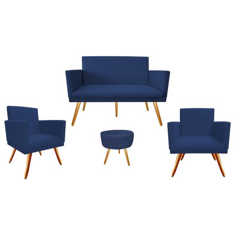 Kit Namoradeira + 2 Poltronas Decorativa Nina + Puff Redondo Suede Azul Marinho Pés Madeira Ms Decor
