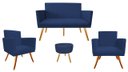 Ver imagem 1 de Kit Namoradeira + 2 Poltronas Decorativa Nina + Puff Redondo Suede Azul Marinho Pés Madeira Ms Decor