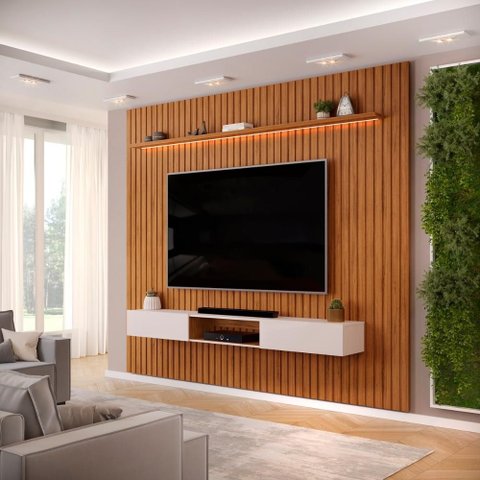 Painel com Bancada para Tv até 75 Polegadas Ripado com Led Dj Móveis Trento 275 Freijó Off White